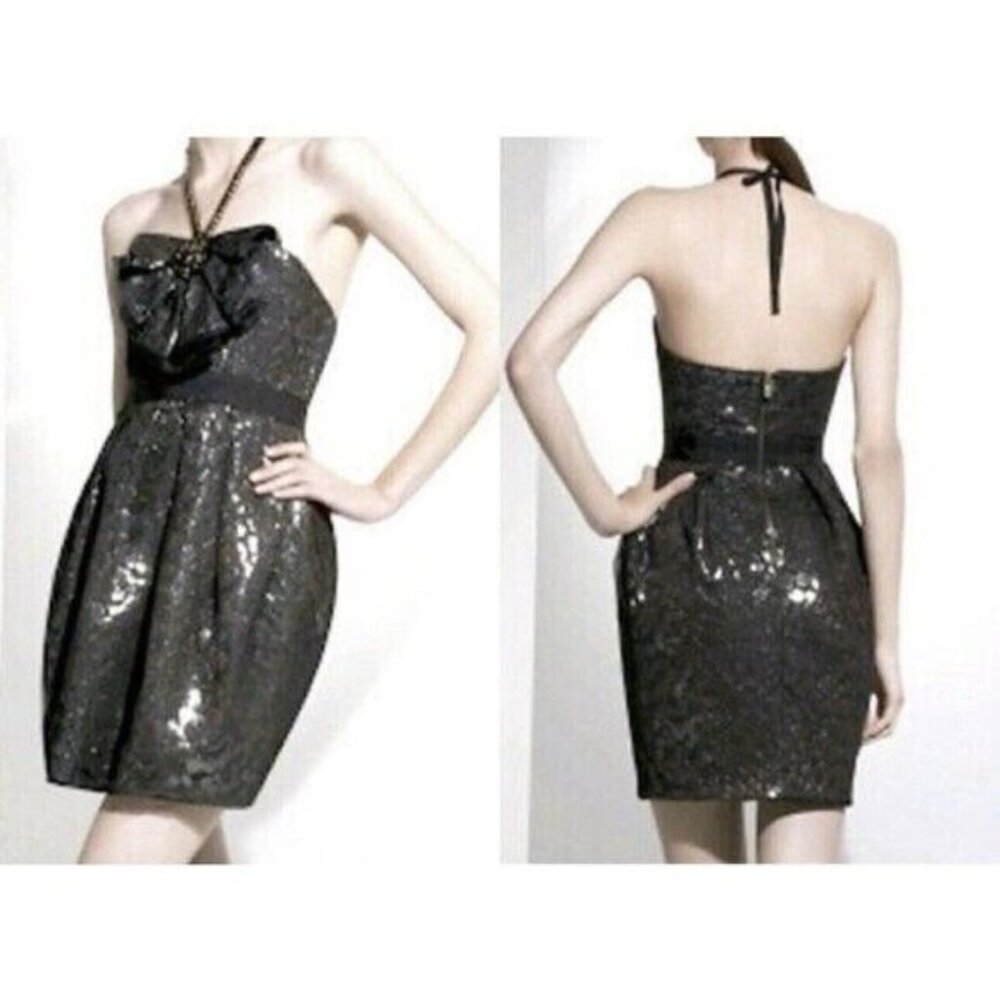 BCBGmaxazria Mini Dress Women’s 4 Black Metallic Jacquard Halter Cocktail Party